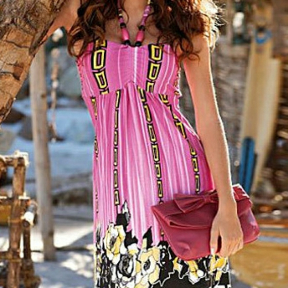 Border Print Halter Sundress - Notched Bodice - Picture 5 of 5